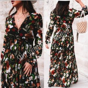 ⭐🆕 Boho Black lotus floral ruffle maxi dress